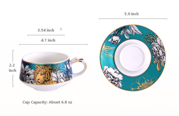 Handmade Ceramic Cups with Gold Trim and Gift Box, Jungle Tiger Cheetah Porcelain Coffee Cups, Creative Ceramic Tea Cup and Saucer-LargePaintingArt.com