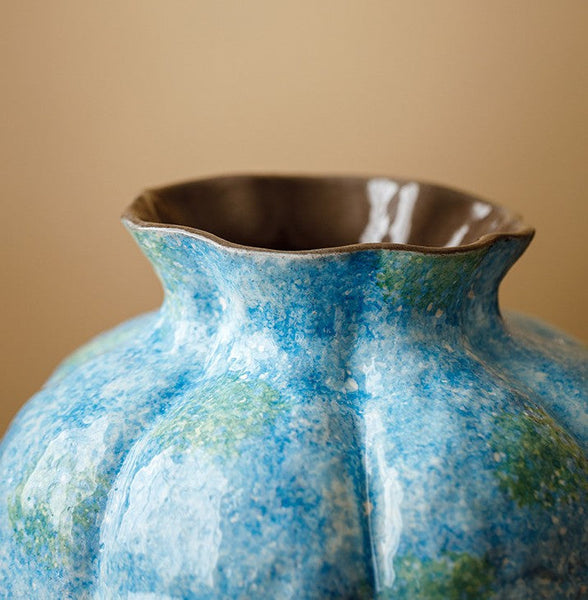Pottery Flower Vases, Modern Bouquet Flower Vases, Centerpiece on Dining Table, Blue Flower Vase on Table, Handmade Water Holding Flower Vases-LargePaintingArt.com