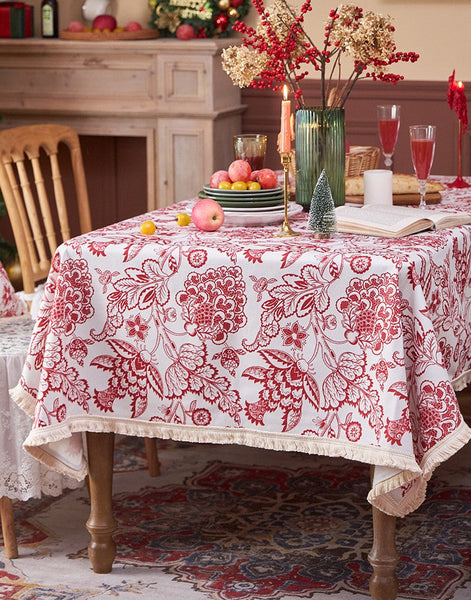 Flower Pattern Tablecloth for Holiday Decoration, Square Tablecloth for Round Table, Large Cotton Rectangle Tablecloth for Home Decoration, Farmhouse Table Cloth Dining Room Table-LargePaintingArt.com