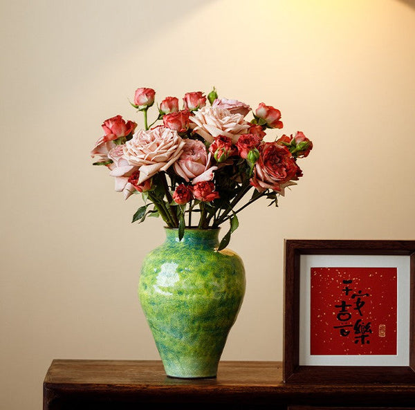 Modern Pottery Flower Vases, Handmade Water Holding Flower Vases, Pottery Bud Vases, Large Green Flower Vases on Table, Centerpiece on Dining Table-LargePaintingArt.com