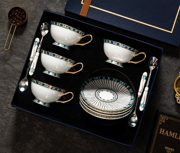 Unique Tea Cup and Saucer in Gift Box, Elegant British Ceramic Coffee Cups, Bone China Porcelain Tea Cup Set for Office, Green Ceramic Cups-LargePaintingArt.com