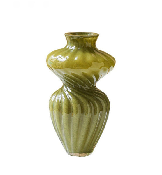 Handmade Contemporary Glass Vases, Modern Green Vases for Living Room, Mid Century Vases for Flowers, Unique Decorative Glass Vase, Centerpiece Vases on Table-LargePaintingArt.com