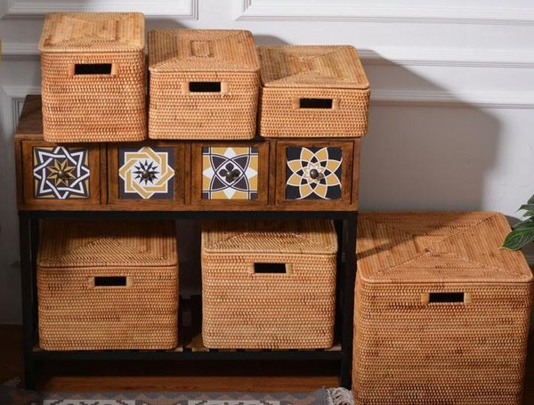 Wicker Storage Baskets for Bathroom, Rattan Rectangular Storage Basket with Lid, Extra Large Storage Baskets for Clothes, Storage Baskets for Bedroom-LargePaintingArt.com