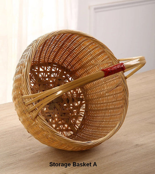 Natural Hand-woven Bamboo Basket, Natural Fruit Basket Kitchen Storage Baskets, Extra Large Picnic Food Basket with Handle, Lovely Bamboo Baskets for Vegetable-LargePaintingArt.com