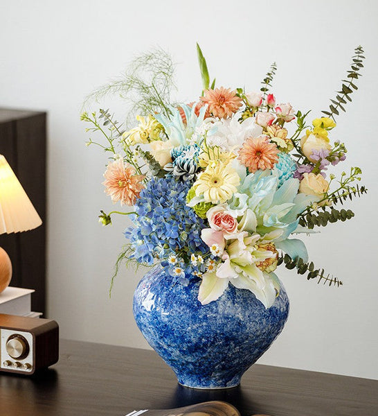 Handmade Water Holding Flower Vases, Centerpiece on Dining Table, Blue Pottery Bud Vases, Large Flower Vases on Table, Modern Pottery Flower Vases-LargePaintingArt.com