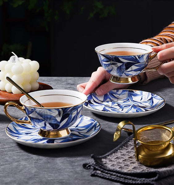 Unique British Tea Cup and Saucer in Gift Box, Blue Porcelain Tea Cup Saucer Set, 7.4 oz British Ceramic Coffee Cups-LargePaintingArt.com