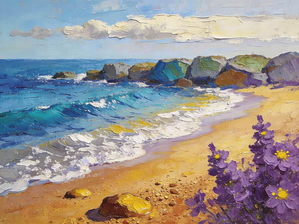 Summer on the Azure Coast, Landscape Canvas Paintings, Small Oil Paintings on Canvas, Palette Knife Artwork, Hand Painted Canvas Art, Original Oil Paintings-LargePaintingArt.com
