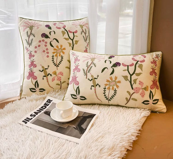 Embroider Flower Cotton Pillow Covers, Spring Flower Decorative Throw Pillows, Farmhouse Sofa Decorative Pillows, Flower Decorative Throw Pillows for Couch-LargePaintingArt.com