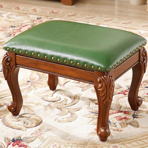 Genuine Leather Solid Wood Entry Bench, Vanity Stool, Solid Wood Ottoman, Rubberwood Entry Bench, Vintage Entry Stool-LargePaintingArt.com