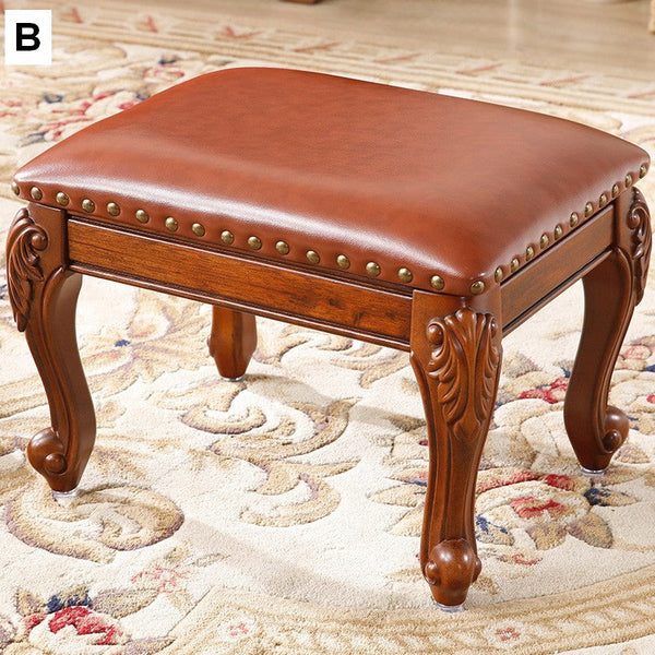 Genuine Leather Solid Wood Entry Bench, Vanity Stool, Solid Wood Ottoman, Rubberwood Entry Bench, Vintage Entry Stool-LargePaintingArt.com