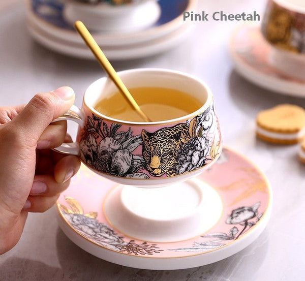 Jungle Tiger Cheetah Porcelain Tea Cups, Creative Ceramic Cup and Saucer, Unique Ceramic Coffee Cups with Gold Trim and Gift Box-LargePaintingArt.com