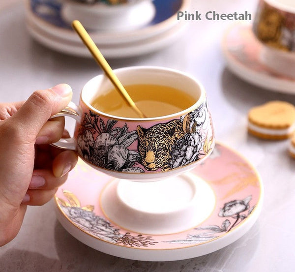 Unique Ceramic Cups with Gold Trim and Gift Box, Creative Ceramic Tea Cups and Saucers, Jungle Tiger Cheetah Porcelain Coffee Cups-LargePaintingArt.com