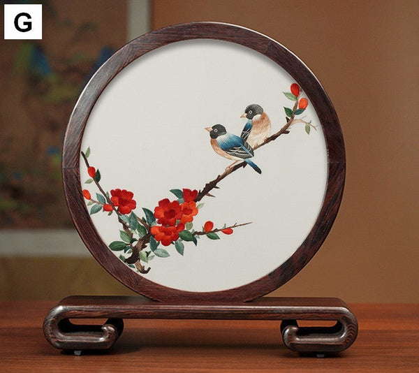 Creative Birthday Gift, Premium Souvenir, Elegant Silk Embroidery Ornaments, Traditional Chinese Suzhou Flower and Birds Silk Embroidery, Exclusive Business Presents-LargePaintingArt.com