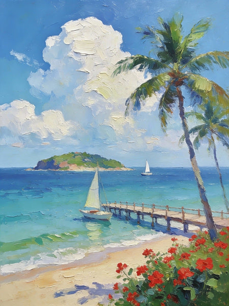 Canvas Paintings, Tropical Beach Retreat, Palm Trees, Sailboats, and Floral Paths, Original Artwork Small Paintings, Hand Painted Canvas Art, On Canvas Small Paintings, Palette Knife Artwork, Landscape Artwork-LargePaintingArt.com