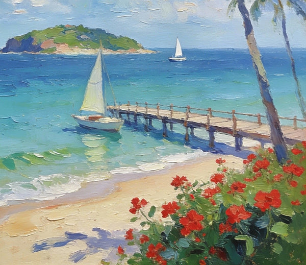 Canvas Paintings, Tropical Beach Retreat, Palm Trees, Sailboats, and Floral Paths, Original Artwork Small Paintings, Hand Painted Canvas Art, On Canvas Small Paintings, Palette Knife Artwork, Landscape Artwork-LargePaintingArt.com