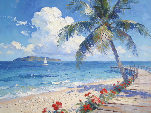 Tropical Beach, Palm, Dock and Sailboat, Original Wall Paintings, Original Artwork Small Paintings, Small Landscape Paintings, On Canvas Small Paintings, Small Canvas Art-LargePaintingArt.com