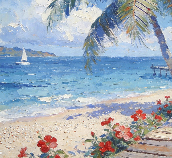 Tropical Beach, Palm, Dock and Sailboat, Original Wall Paintings, Original Artwork Small Paintings, Small Landscape Paintings, On Canvas Small Paintings, Small Canvas Art-LargePaintingArt.com