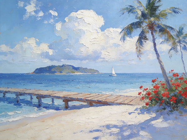 Simple Painting Ideas, Tropical Beach with Palm Trees and Dock, Small Wall Art on Canvas, Landscape Canvas Paintings, Impasto Wall Art Paintings, Original Oil Paintings-LargePaintingArt.com