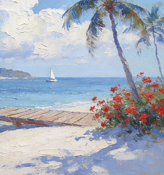 Simple Painting Ideas, Tropical Beach with Palm Trees and Dock, Small Wall Art on Canvas, Landscape Canvas Paintings, Impasto Wall Art Paintings, Original Oil Paintings-LargePaintingArt.com