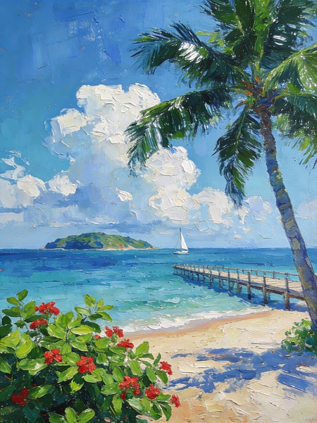 Original Small Paintings, Tropical Beach Retreat, Palm Tree, Flowers, and Calm Seas, Small Oil Paintings, Landscape Artwork Canvas Paintings, Small Wall Paintings-LargePaintingArt.com
