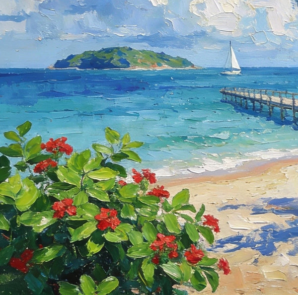 Original Small Paintings, Tropical Beach Retreat, Palm Tree, Flowers, and Calm Seas, Small Oil Paintings, Landscape Artwork Canvas Paintings, Small Wall Paintings-LargePaintingArt.com