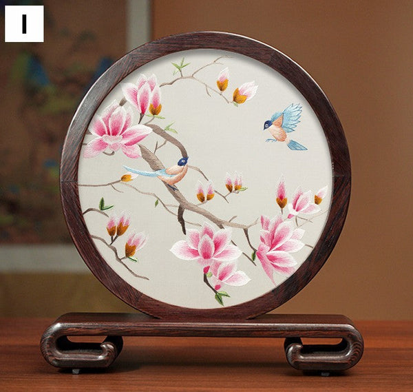 Unique Birthday Gift, Flower and Bird Embroidery Ornaments, Traditional Chinese Suzhou Silk Embroidered Ornament, Premium Souvenir, Exclusive Business Presents-LargePaintingArt.com