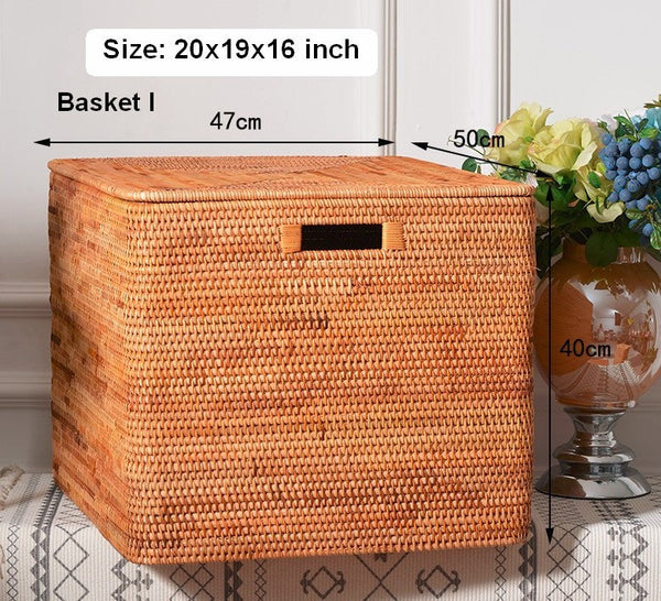 Extra Large Storage Baskets for Clothes, Oversized Rectangular Storage Basket with Lid, Wicker Rattan Storage Basket for Shelves, Storage Baskets for Bedroom-LargePaintingArt.com