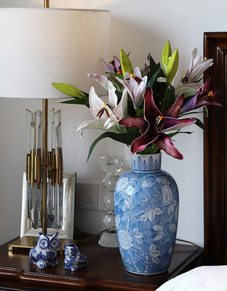 Centerpiece Ceramic Bouquet Vases, Handmade Modern Flower Vase, Large Flower Vases on Dining Table, Blue Porcelain Flower Vases-LargePaintingArt.com