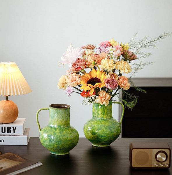 Centerpiece on Dining Table, Modern Pottery Flower Vases, Handmade Water Holding Flower Vases, Pottery Bud Vases, Large Green Flower Vases on Table-LargePaintingArt.com
