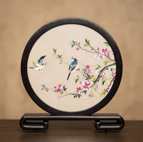 Exclusive Business Present, Flower and Bird Embroidered Decor, Unique Birthday Gift, Traditional Chinese Suzhou Embroidery Ornament, Premium Souvenir-LargePaintingArt.com
