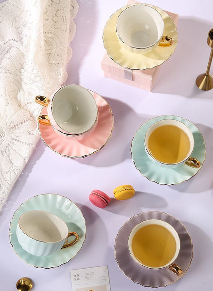 French Style Tea Cups and Saucers in Gift Box as Birthday Gift, Elegant Macaroon Ceramic Coffee Cups, Creative Bone China Porcelain Tea Cup Set, Beautiful British Tea Cups-LargePaintingArt.com