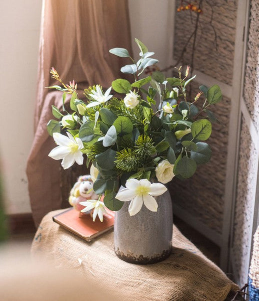 Eucalyptus Globulus, Clematis, White Rose Flowers, Unique Flower Arrangement for Home Decoration, Beautiful Modern Artificial Flowers for Dining Room Table-LargePaintingArt.com
