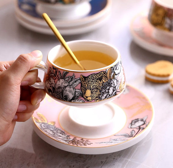 Jungle Tiger Cheetah Porcelain Tea Cups, Creative Ceramic Cup and Saucer, Unique Ceramic Coffee Cups with Gold Trim and Gift Box-LargePaintingArt.com