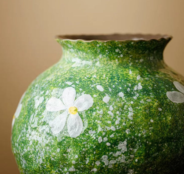 Centerpiece on Dining Table, Handmade Water Holding Flower Vases, Modern Pottery Flower Vases, Pottery Bud Vases, Large Green Flower Vases on Table-LargePaintingArt.com