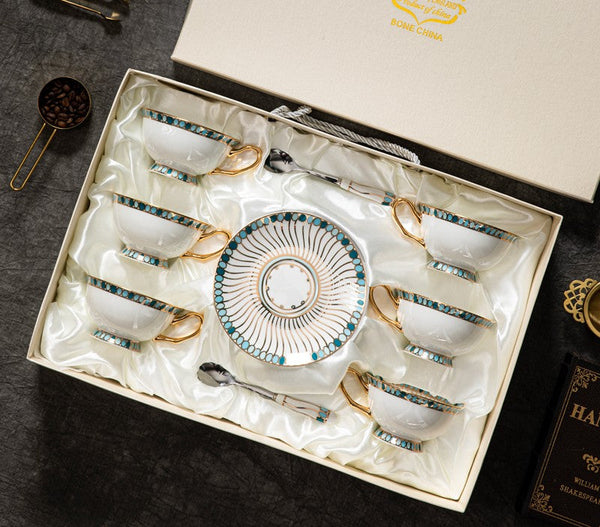 Unique Tea Cup and Saucer in Gift Box, Elegant British Ceramic Coffee Cups, Bone China Porcelain Tea Cup Set for Office, Green Ceramic Cups-LargePaintingArt.com