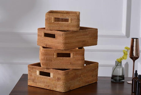Rattan Storage Baskets for Kitchen, Rectangular Storage Baskets for Pantry, Storage Baskets for Shelves, Woven Storage Baskets for Bathroom-LargePaintingArt.com