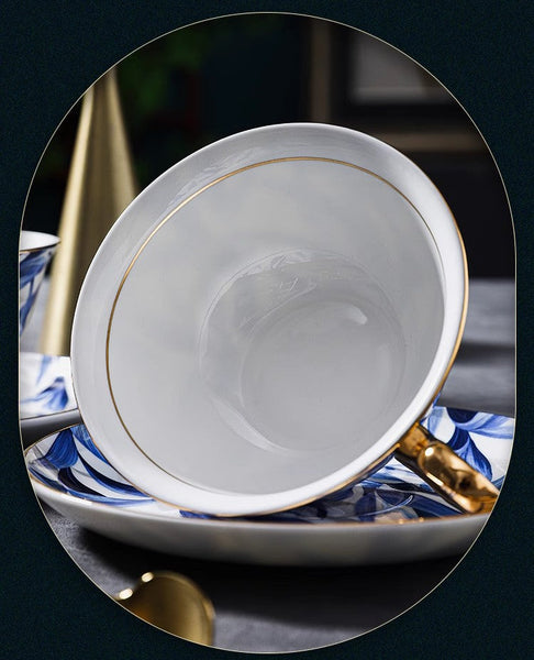 Unique British Tea Cup and Saucer in Gift Box, Blue Porcelain Tea Cup Saucer Set, 7.4 oz British Ceramic Coffee Cups-LargePaintingArt.com