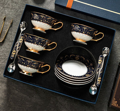 Unique Blue Tea Cup and Saucer in Gift Box, Blue Bone China Porcelain Tea Cup Set, Royal Ceramic Cups, Elegant Ceramic Coffee Cups-LargePaintingArt.com