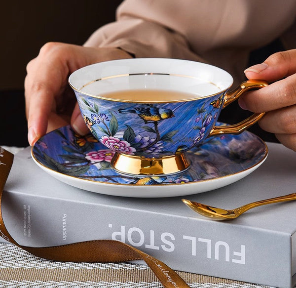 Unique British Tea Cup and Saucer in Gift Box, Blue Bird and Butterfly Porcelain Tea Cup Saucer Set, 7.4 oz British Ceramic Coffee Cups-LargePaintingArt.com