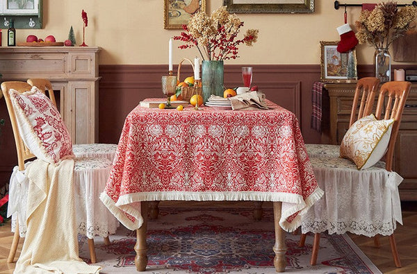 Large Fiberflax Rectangle Tablecloth for Home Decoration, Red Flower Pattern Tablecloth for Holiday Decoration, Square Tablecloth for Round Table-LargePaintingArt.com