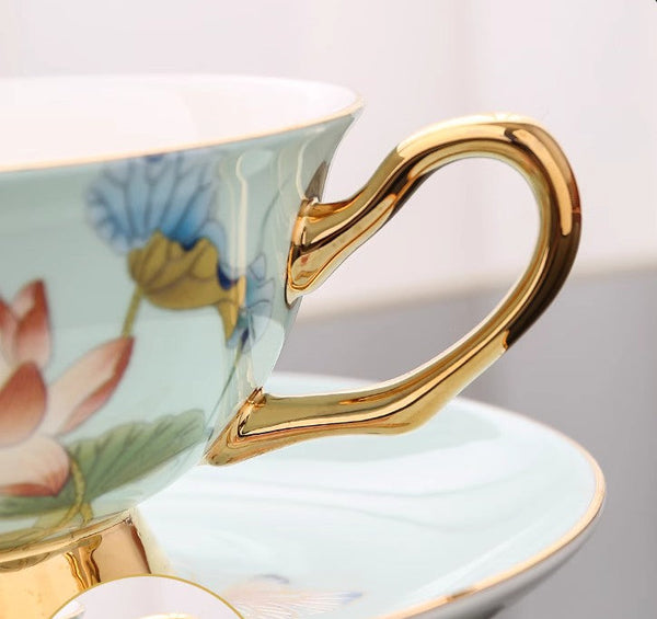 Unique British Tea Cup and Saucer in Gift Box, Lotus Flower Porcelain Tea Cup Saucer Set, Elegant British Ceramic Coffee Cups-LargePaintingArt.com