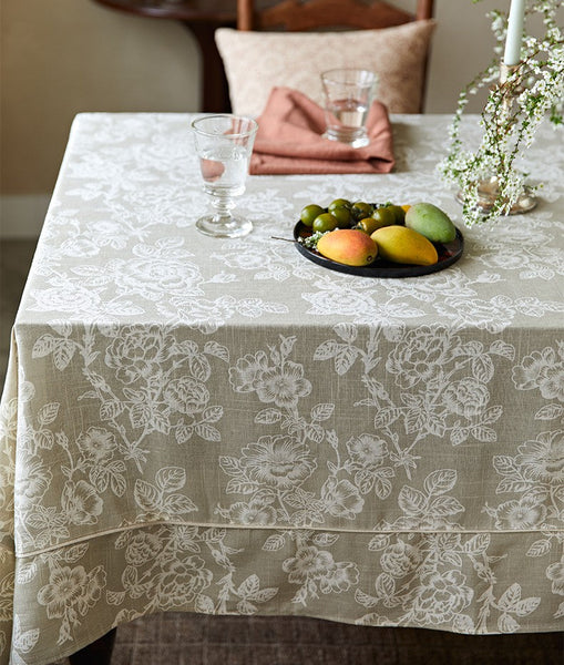 French Flower Pattern Tablecloth for Round Table, Vintage Rectangle Tablecloth for Dining Room Table, Rustic Farmhouse Table Cover for Kitchen-LargePaintingArt.com