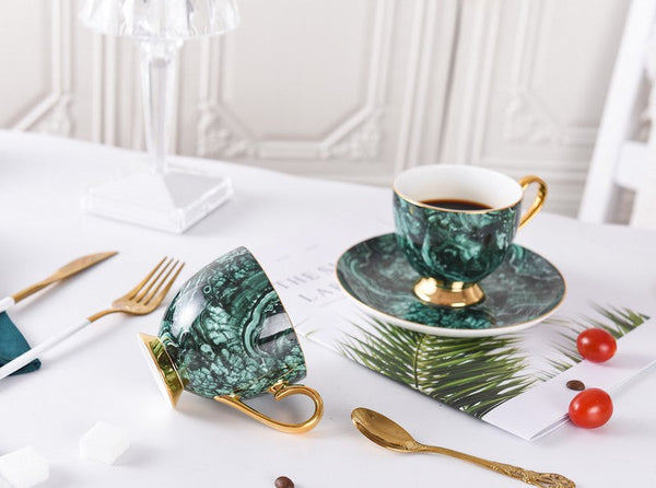 Beautiful British Green Tea Cups, Unique Porcelain Cup and Saucer, Royal Ceramic Coffee Cups, Creative Bone China Porcelain Tea Cup Set-LargePaintingArt.com
