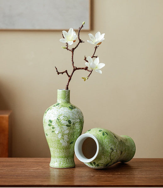 Large Flower Vases on Table, Green Porcelain Flower Vases, Centerpiece Ceramic Bud Vases, Handmade Water Holding Flower Vase-LargePaintingArt.com