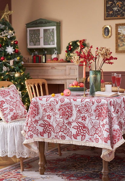 Flower Pattern Tablecloth for Holiday Decoration, Square Tablecloth for Round Table, Large Cotton Rectangle Tablecloth for Home Decoration, Farmhouse Table Cloth Dining Room Table-LargePaintingArt.com