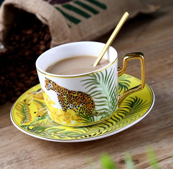 Coffee Cups with Gold Trim and Gift Box, Jungle Leopard Pattern Porcelain Coffee Cups, 7.4 oz Tea Cup and Saucer-LargePaintingArt.com