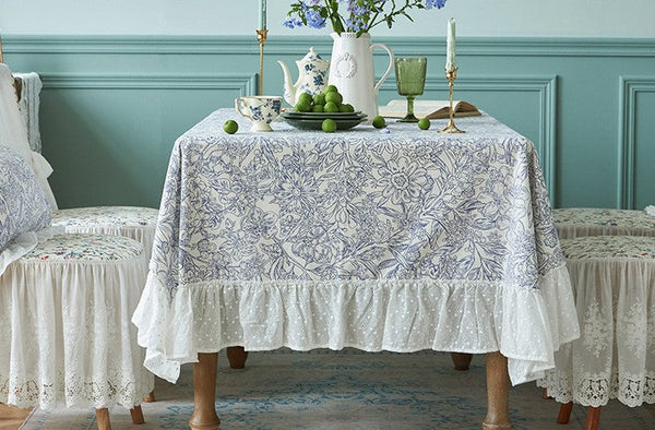 Cotton Rectangle Tablecloth for Dining Room Table, Natural Spring Farmhouse Table Cloth, Blue Flower Pattern Cotton Tablecloth, Square Tablecloth for Round Table-LargePaintingArt.com
