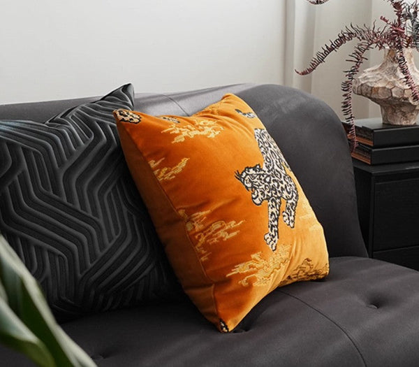 Contemporary Modern Sofa Pillows, Yellow Embroidery Tiger Pattern Pillows for Couch, Decorative Throw Pillows for Bedroom, Large Modern Sofa Pillow for Living Room-LargePaintingArt.com