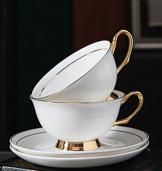 White Ceramic Cups, Elegant British Ceramic Coffee Cups, 7.8 oz Porcelain Tea Cup Saucer Set, Unique Tea Cup and Saucer in Gift Box-LargePaintingArt.com
