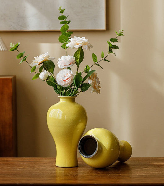 Handmade Water Holding Flower Vase, Yellow Flower Vases on Table, Ceramic Bud Vases, Porcelain Flower Vases-LargePaintingArt.com